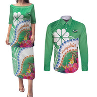 Marshall Islands Kwajalein Atoll Couples Matching Puletasi and Long Sleeve Button Shirt Curves Polynesian Mix Tropical Flowers LT14 Green - Polynesian Pride