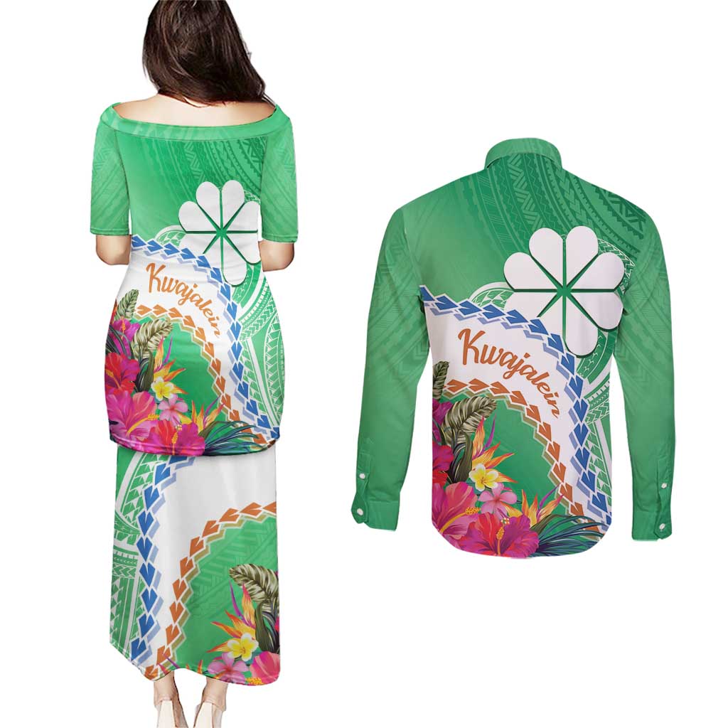 Marshall Islands Kwajalein Atoll Couples Matching Puletasi and Long Sleeve Button Shirt Curves Polynesian Mix Tropical Flowers LT14 - Polynesian Pride