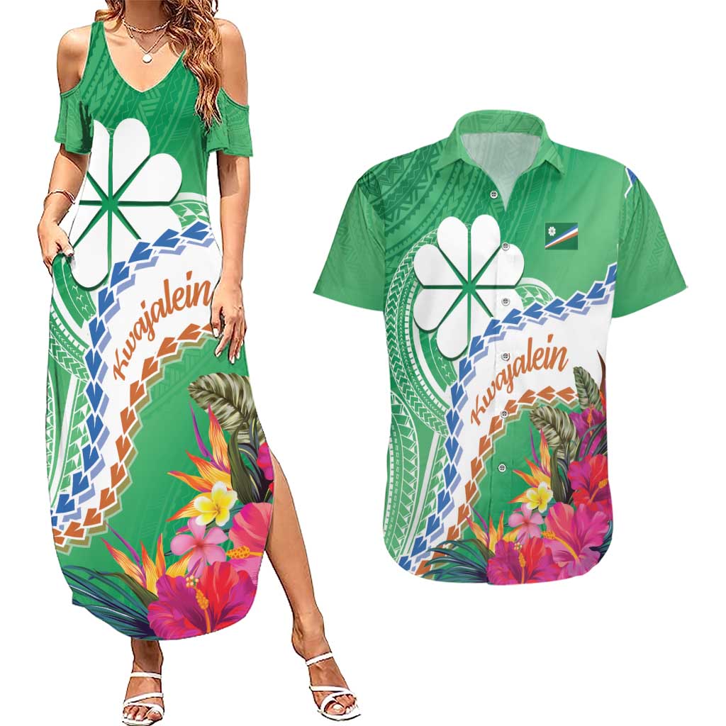 Marshall Islands Kwajalein Atoll Couples Matching Summer Maxi Dress and Hawaiian Shirt Curves Polynesian Mix Tropical Flowers LT14 Green - Polynesian Pride