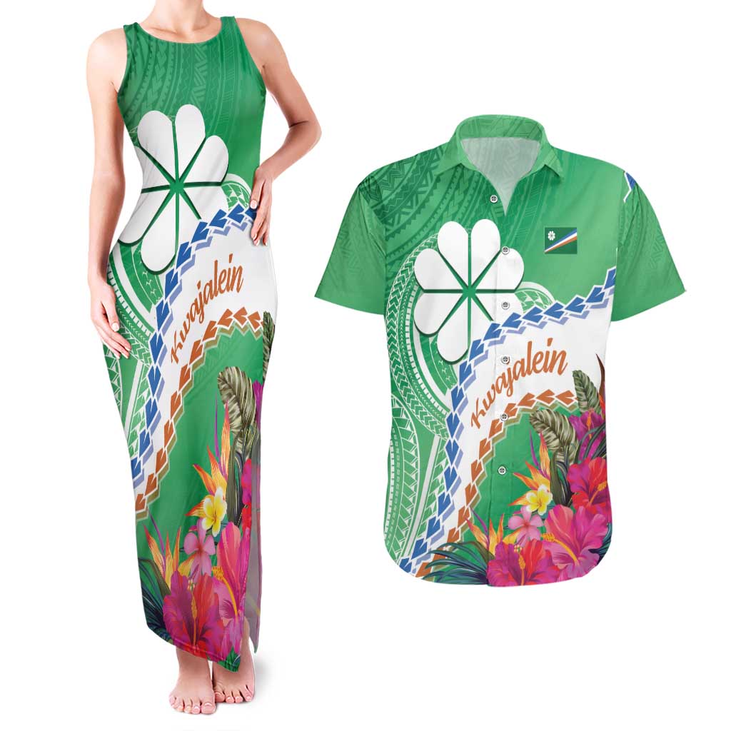 Marshall Islands Kwajalein Atoll Couples Matching Tank Maxi Dress and Hawaiian Shirt Curves Polynesian Mix Tropical Flowers LT14 Green - Polynesian Pride