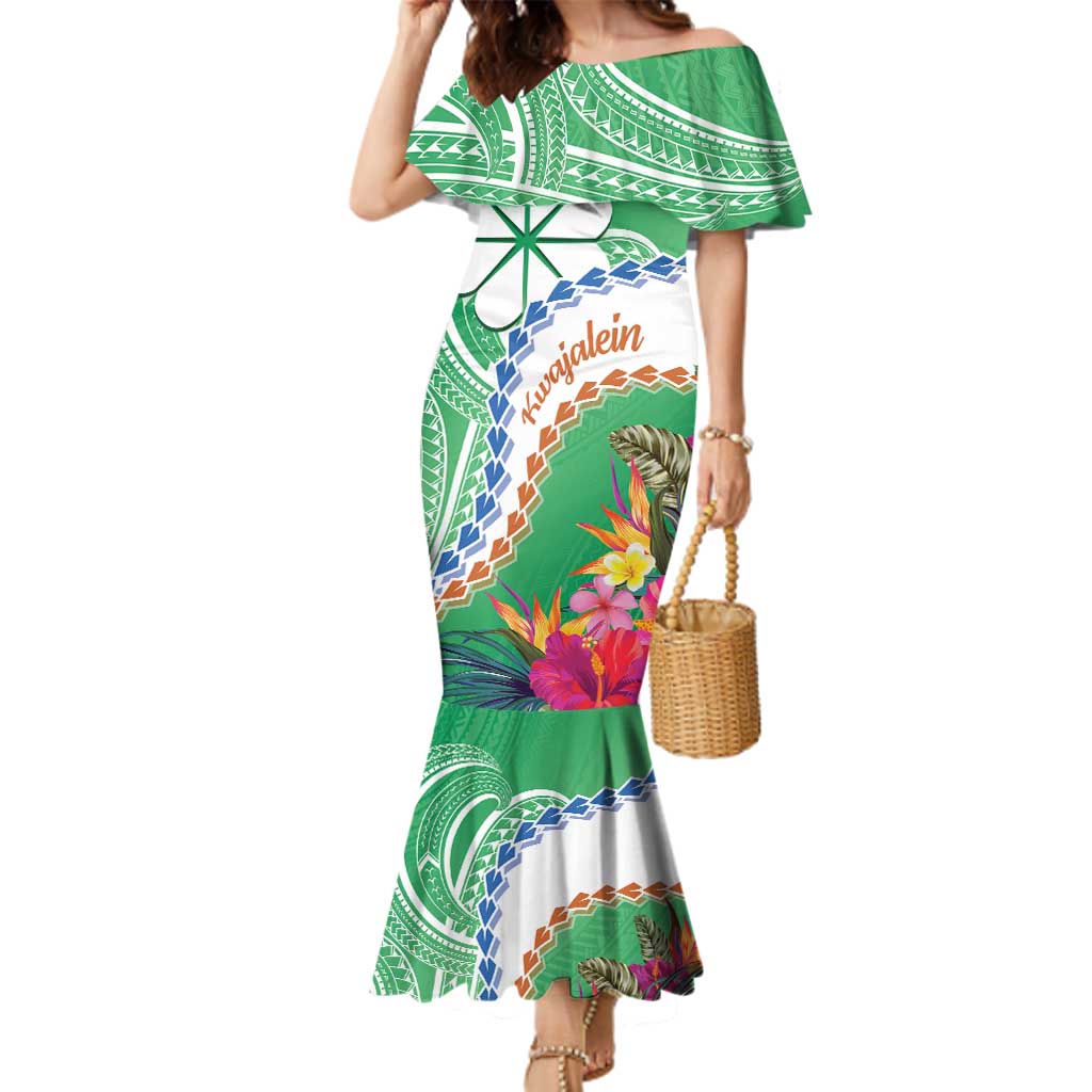Marshall Islands Kwajalein Atoll Family Matching Mermaid Dress and Hawaiian Shirt Curves Polynesian Mix Tropical Flowers LT14 Mom's Dress Green - Polynesian Pride