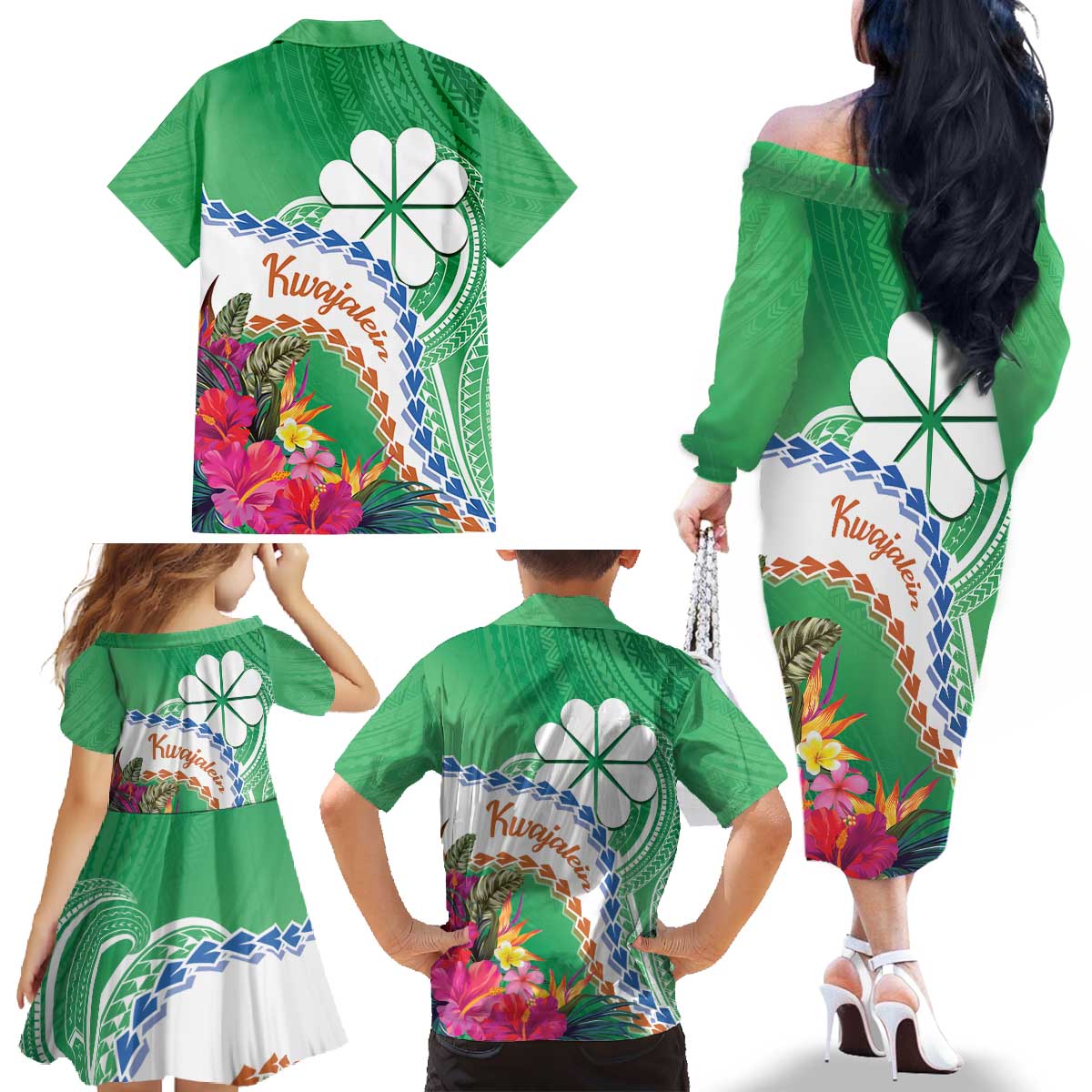 Marshall Islands Kwajalein Atoll Family Matching Off The Shoulder Long Sleeve Dress and Hawaiian Shirt Curves Polynesian Mix Tropical Flowers LT14 - Polynesian Pride