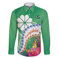 Marshall Islands Kwajalein Atoll Family Matching Off The Shoulder Long Sleeve Dress and Hawaiian Shirt Curves Polynesian Mix Tropical Flowers LT14 Dad's Shirt - Long Sleeve Green - Polynesian Pride