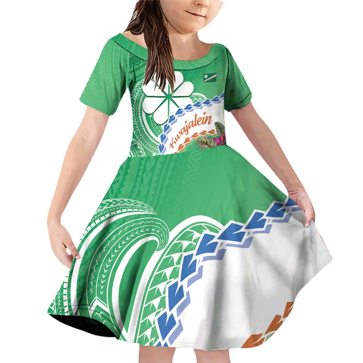 Marshall Islands Kwajalein Atoll Family Matching Off Shoulder Short Dress and Hawaiian Shirt Curves Polynesian Mix Tropical Flowers LT14 Daughter's Dress Green - Polynesian Pride