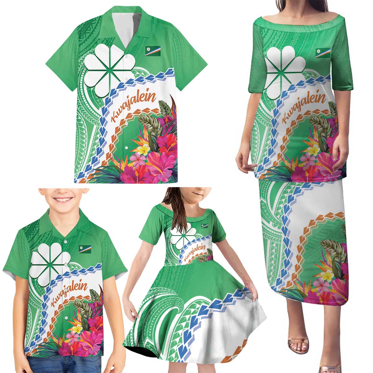 Marshall Islands Kwajalein Atoll Family Matching Puletasi and Hawaiian Shirt Curves Polynesian Mix Tropical Flowers LT14 - Polynesian Pride