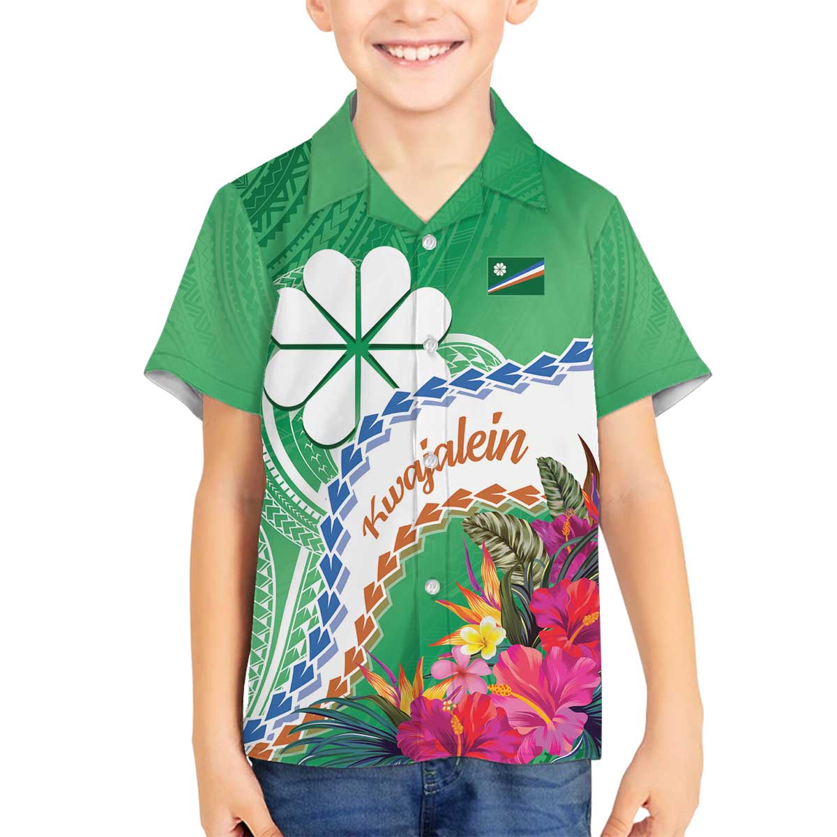 Marshall Islands Kwajalein Atoll Family Matching Puletasi and Hawaiian Shirt Curves Polynesian Mix Tropical Flowers LT14 Son's Shirt Green - Polynesian Pride