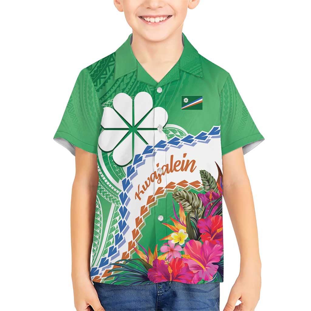 Marshall Islands Kwajalein Atoll Family Matching Short Sleeve Bodycon Dress and Hawaiian Shirt Curves Polynesian Mix Tropical Flowers LT14 Son's Shirt Green - Polynesian Pride