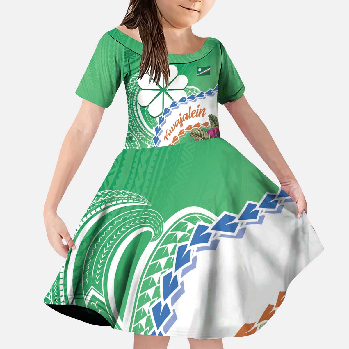 Marshall Islands Kwajalein Atoll Kid Short Sleeve Dress Curves Polynesian Mix Tropical Flowers LT14 KID Green - Polynesian Pride
