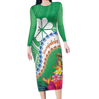 Marshall Islands Kwajalein Atoll Long Sleeve Bodycon Dress Curves Polynesian Mix Tropical Flowers LT14 Long Dress Green - Polynesian Pride