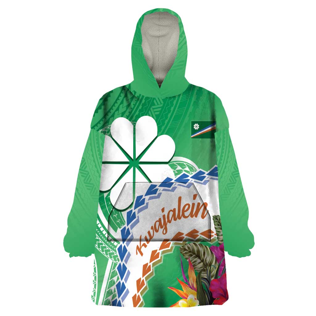 Marshall Islands Kwajalein Atoll Wearable Blanket Hoodie Curves Polynesian Mix Tropical Flowers LT14 One Size Green - Polynesian Pride