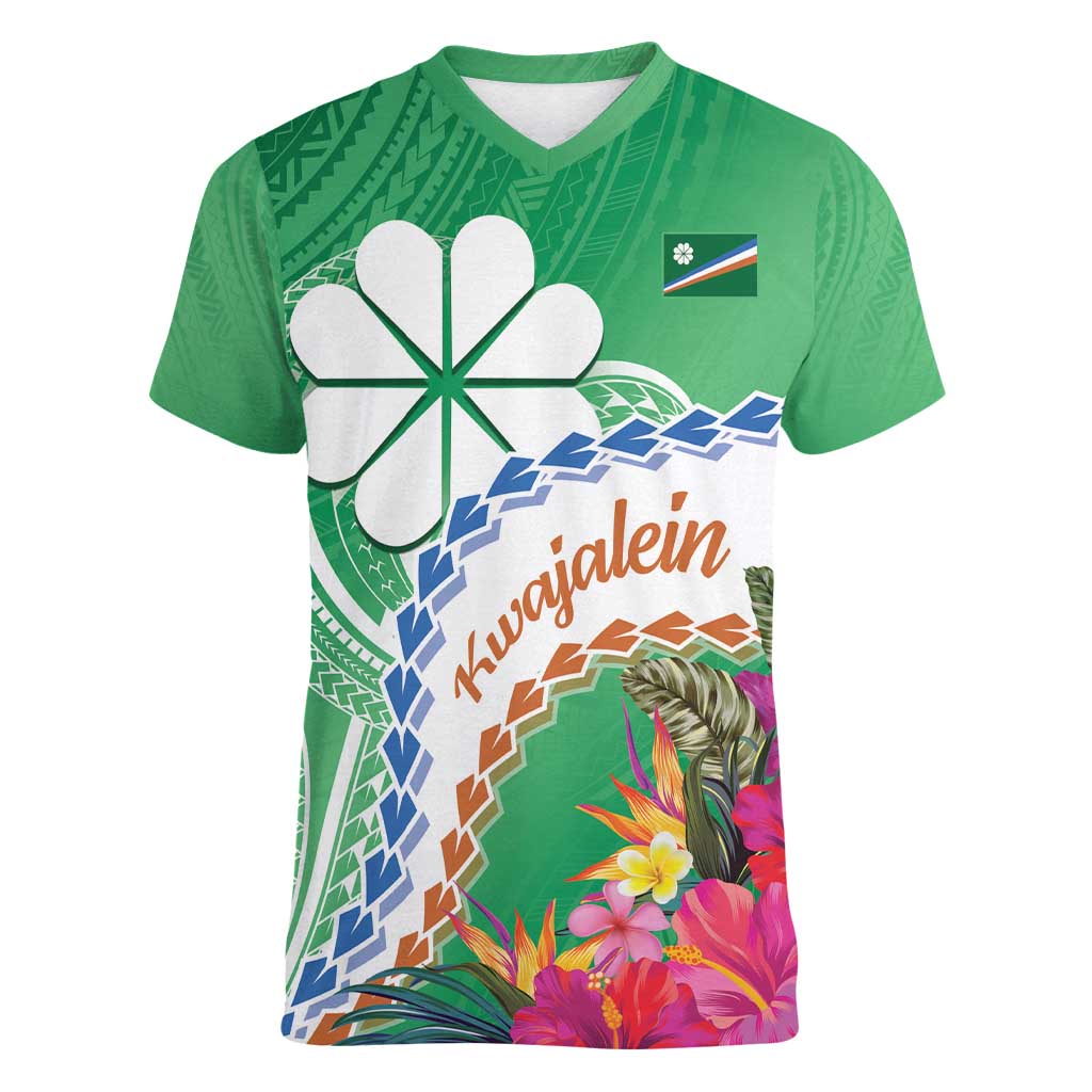 Marshall Islands Kwajalein Atoll Women V-Neck T-Shirt Curves Polynesian Mix Tropical Flowers LT14 Female Green - Polynesian Pride