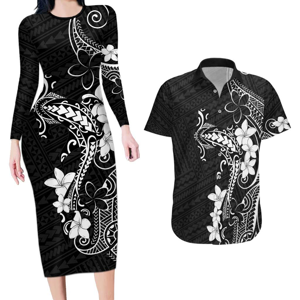 Black Hawaii Couples Matching Long Sleeve Bodycon Dress and Hawaiian Shirt Hammerhead Shark Tattoo Curve Polynesian LT14 Black - Polynesian Pride