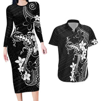 Black Hawaii Couples Matching Long Sleeve Bodycon Dress and Hawaiian Shirt Hammerhead Shark Tattoo Curve Polynesian LT14 Black - Polynesian Pride
