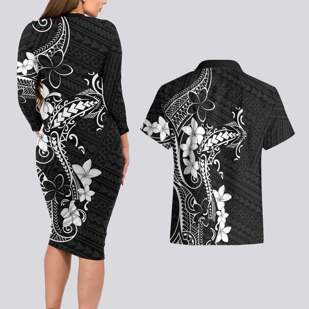Black Hawaii Couples Matching Long Sleeve Bodycon Dress and Hawaiian Shirt Hammerhead Shark Tattoo Curve Polynesian LT14 - Polynesian Pride