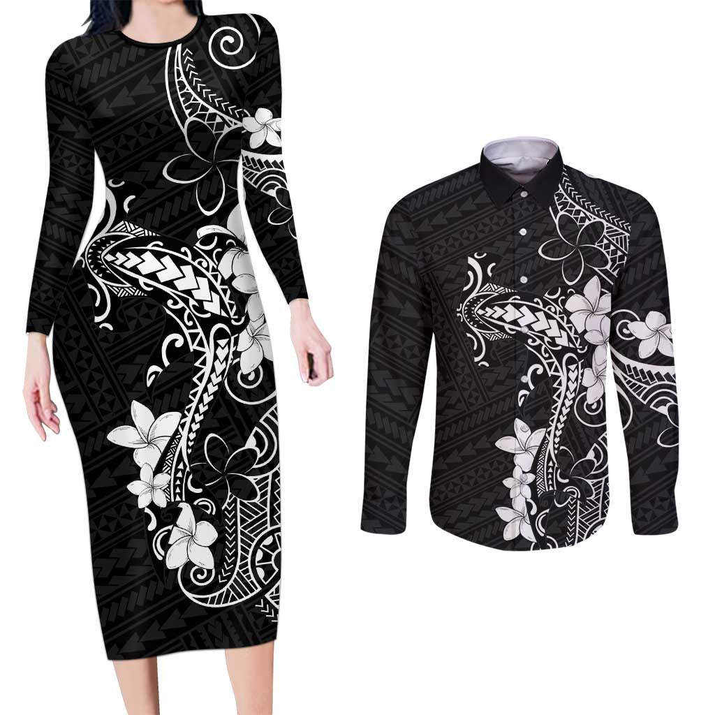 Black Hawaii Couples Matching Long Sleeve Bodycon Dress and Long Sleeve Button Shirt Hammerhead Shark Tattoo Curve Polynesian LT14 Black - Polynesian Pride
