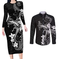 Black Hawaii Couples Matching Long Sleeve Bodycon Dress and Long Sleeve Button Shirt Hammerhead Shark Tattoo Curve Polynesian LT14 Black - Polynesian Pride