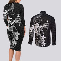 Black Hawaii Couples Matching Long Sleeve Bodycon Dress and Long Sleeve Button Shirt Hammerhead Shark Tattoo Curve Polynesian LT14 - Polynesian Pride