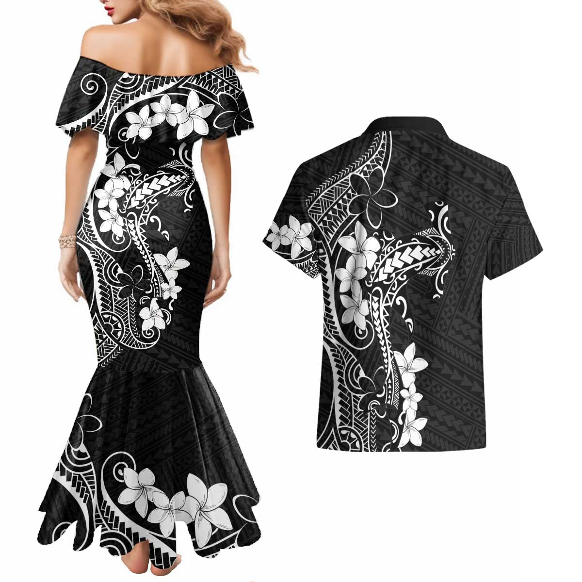 Black Hawaii Couples Matching Mermaid Dress and Hawaiian Shirt Hammerhead Shark Tattoo Curve Polynesian LT14 - Polynesian Pride