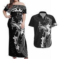 Black Hawaii Couples Matching Off Shoulder Maxi Dress and Hawaiian Shirt Hammerhead Shark Tattoo Curve Polynesian LT14 Black - Polynesian Pride