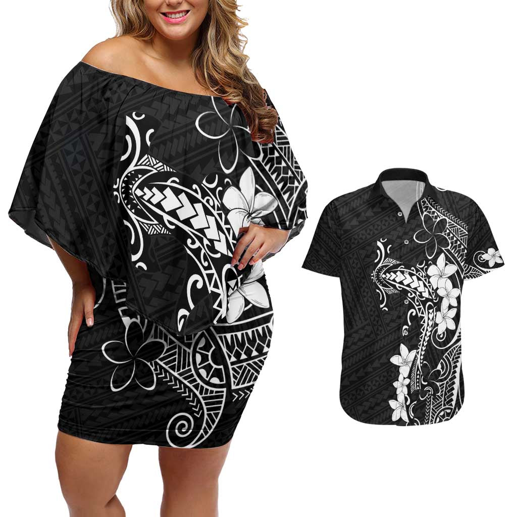 Black Hawaii Couples Matching Off Shoulder Short Dress and Hawaiian Shirt Hammerhead Shark Tattoo Curve Polynesian LT14 Black - Polynesian Pride