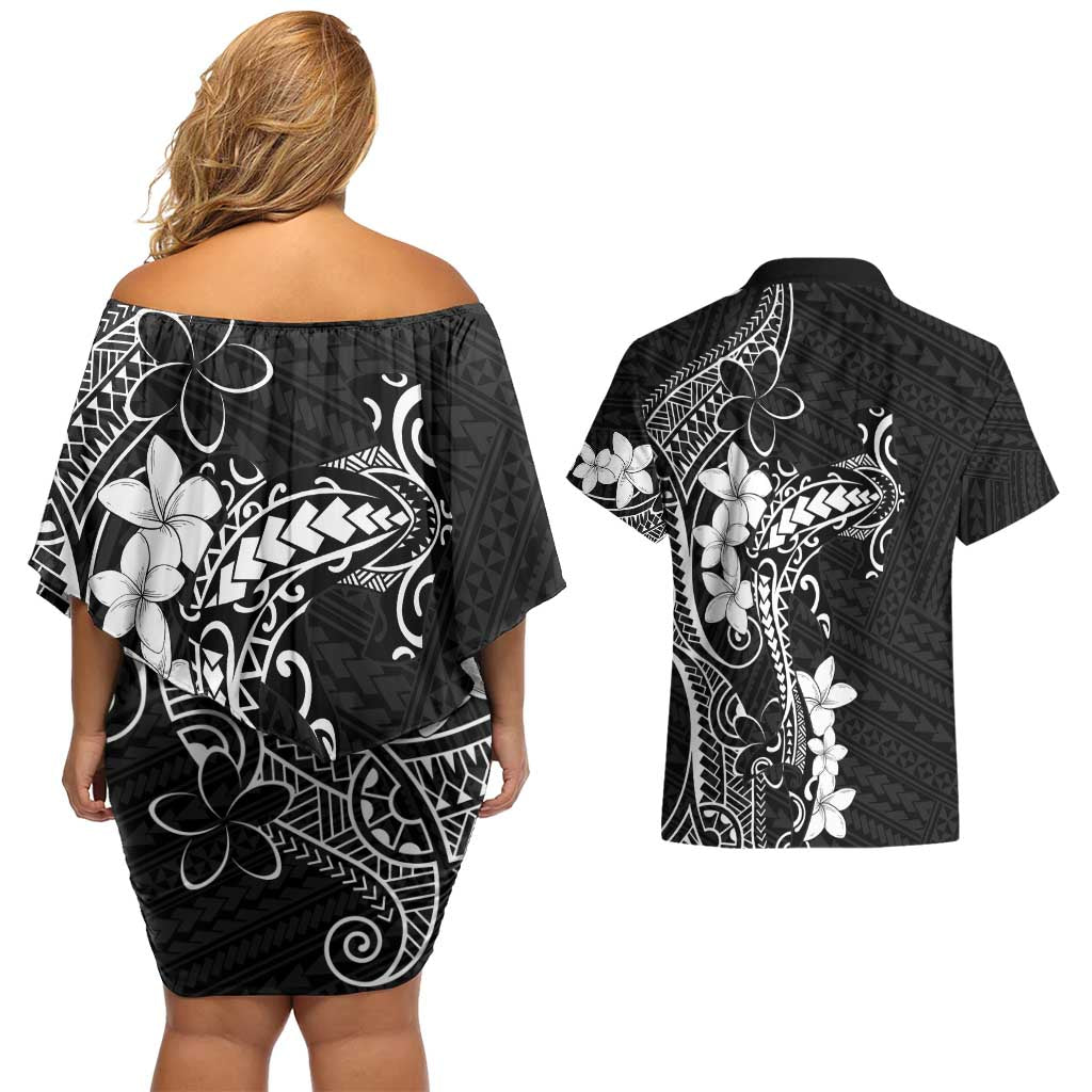 Black Hawaii Couples Matching Off Shoulder Short Dress and Hawaiian Shirt Hammerhead Shark Tattoo Curve Polynesian LT14 - Polynesian Pride