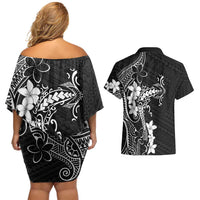 Black Hawaii Couples Matching Off Shoulder Short Dress and Hawaiian Shirt Hammerhead Shark Tattoo Curve Polynesian LT14 - Polynesian Pride