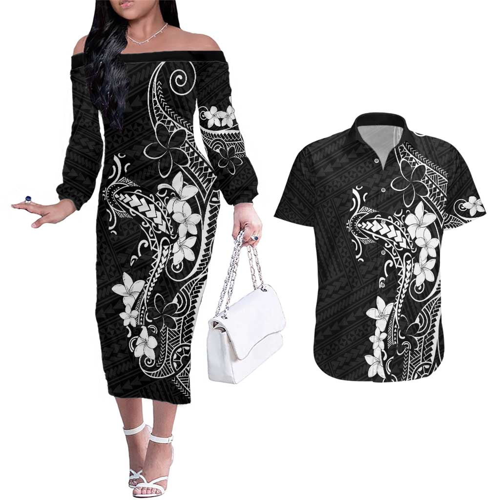 Black Hawaii Couples Matching Off The Shoulder Long Sleeve Dress and Hawaiian Shirt Hammerhead Shark Tattoo Curve Polynesian - Polynesian Pride