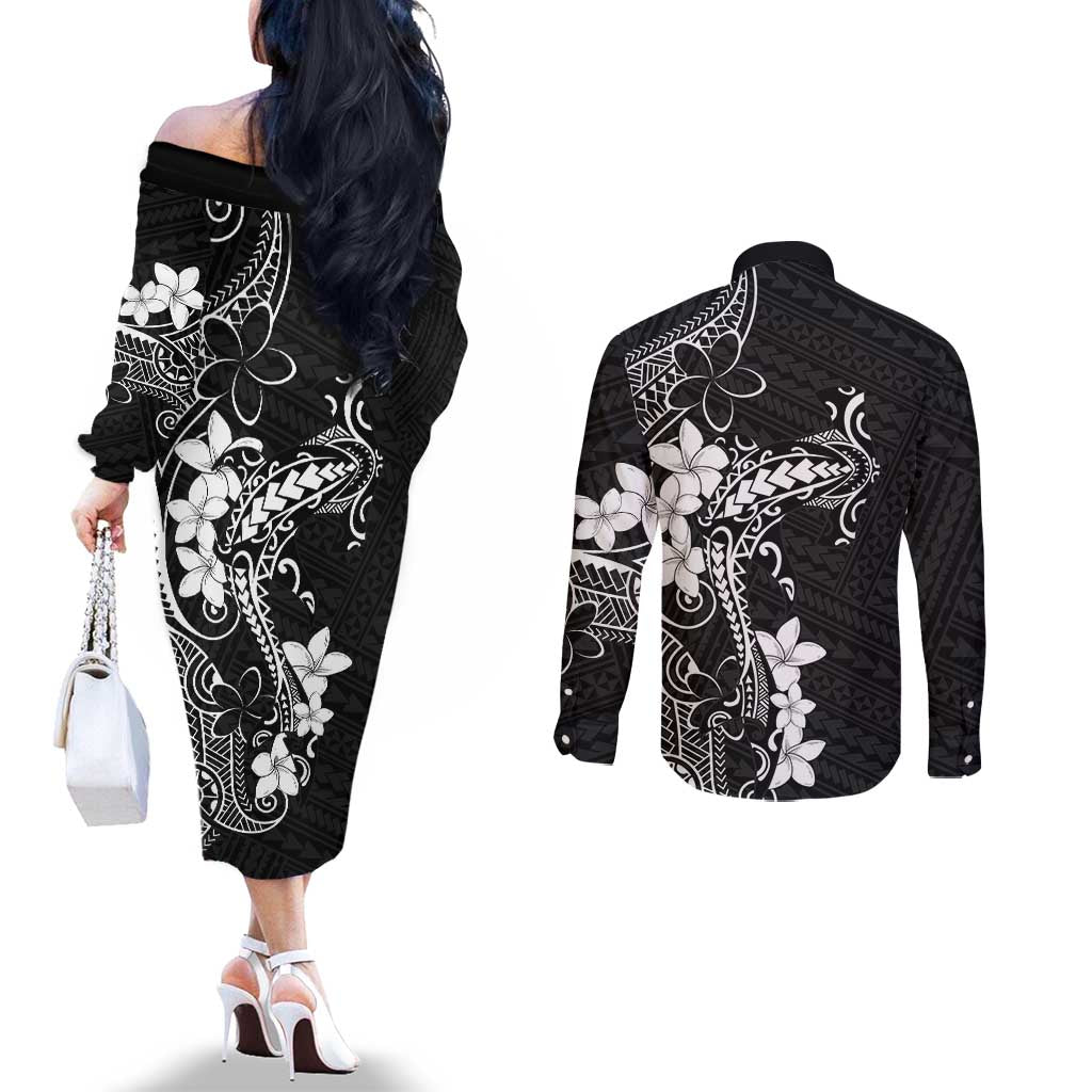 Black Hawaii Couples Matching Off The Shoulder Long Sleeve Dress and Long Sleeve Button Shirt Hammerhead Shark Tattoo Curve Polynesian LT14 - Polynesian Pride