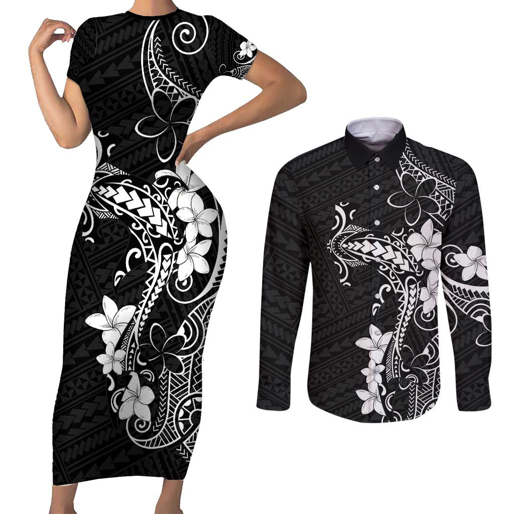Black Hawaii Couples Matching Short Sleeve Bodycon Dress and Long Sleeve Button Shirt Hammerhead Shark Tattoo Curve Polynesian LT14 Black - Polynesian Pride