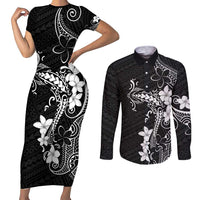 Black Hawaii Couples Matching Short Sleeve Bodycon Dress and Long Sleeve Button Shirt Hammerhead Shark Tattoo Curve Polynesian LT14 Black - Polynesian Pride