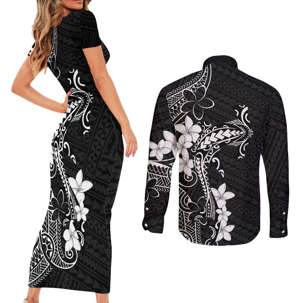Black Hawaii Couples Matching Short Sleeve Bodycon Dress and Long Sleeve Button Shirt Hammerhead Shark Tattoo Curve Polynesian LT14 - Polynesian Pride