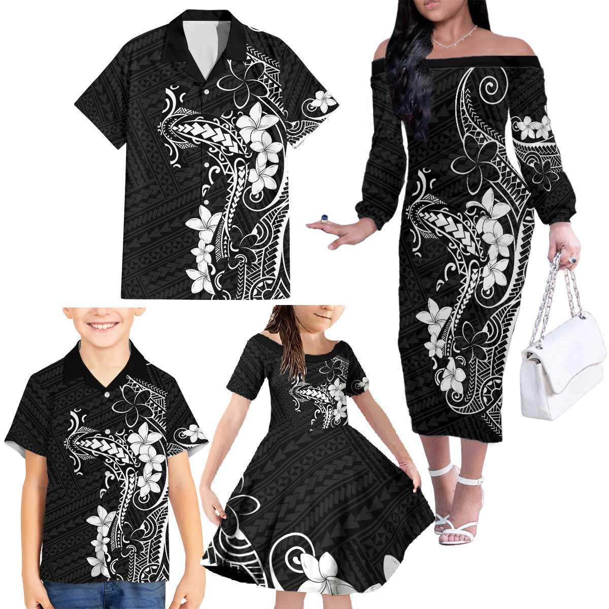Black Hawaii Family Matching Off The Shoulder Long Sleeve Dress and Hawaiian Shirt Hammerhead Shark Tattoo Curve Polynesian LT14 - Polynesian Pride