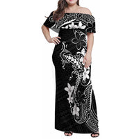 Black Hawaii Family Matching Off Shoulder Maxi Dress and Hawaiian Shirt Hammerhead Shark Tattoo Curve Polynesian LT14 Mom's Dress Black - Polynesian Pride