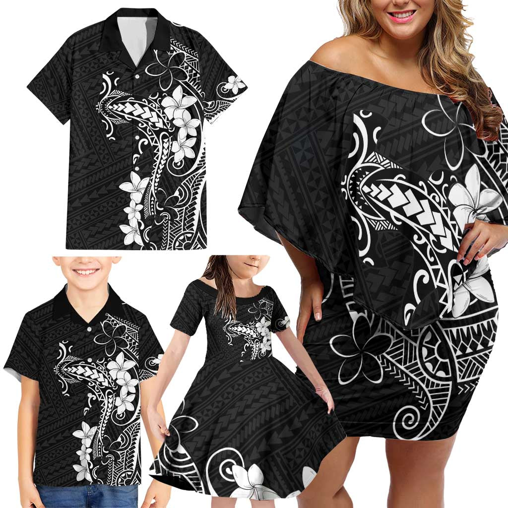 Black Hawaii Family Matching Off Shoulder Short Dress and Hawaiian Shirt Hammerhead Shark Tattoo Curve Polynesian LT14 - Polynesian Pride