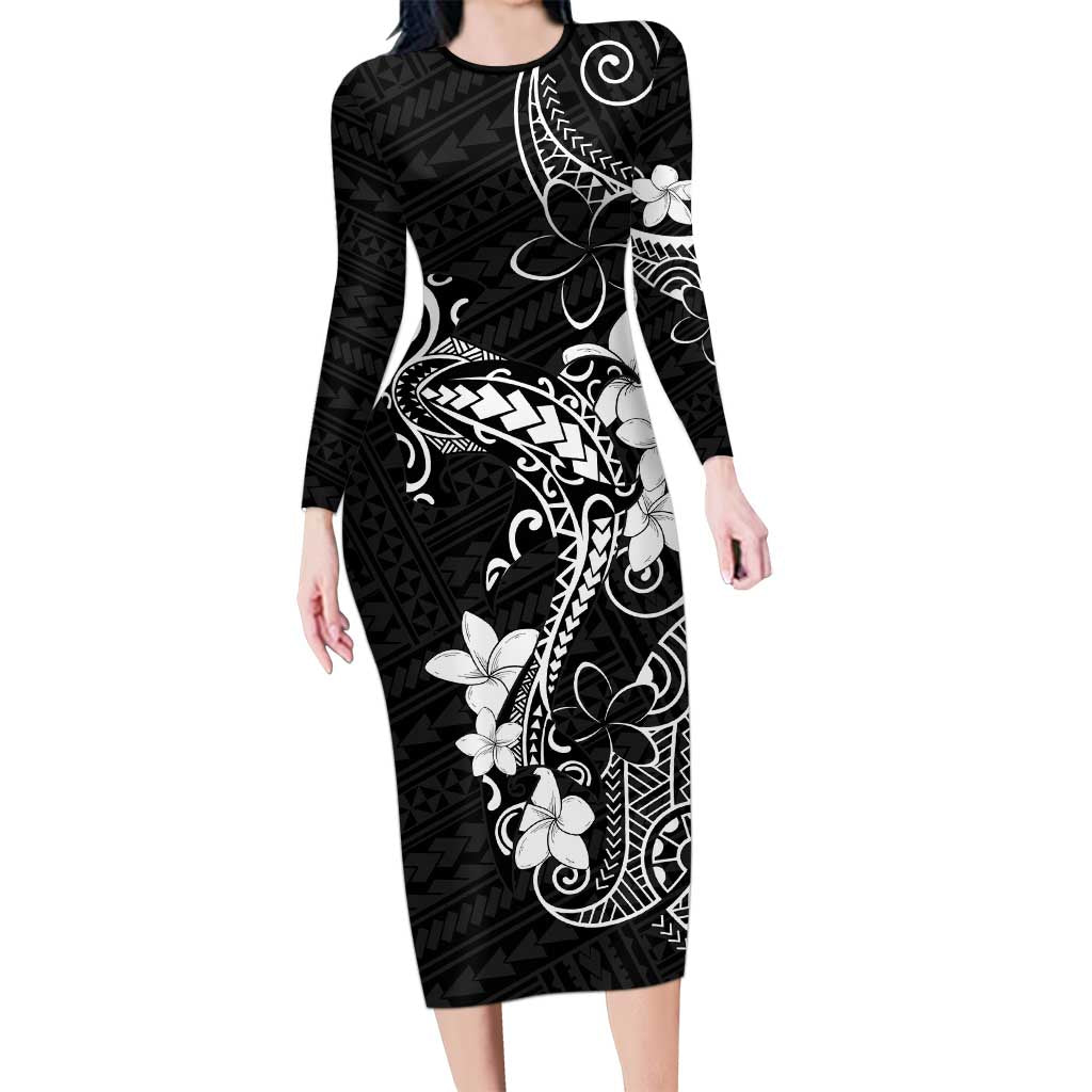 Black Hawaii Long Sleeve Bodycon Dress Hammerhead Shark Tattoo Curve Polynesian - Polynesian Pride