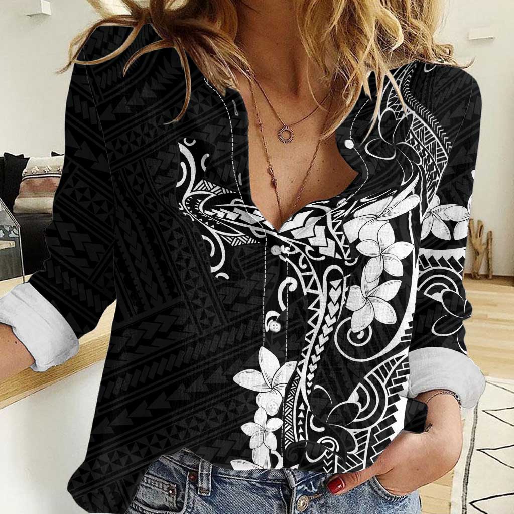 Black Hawaii Women Casual Shirt Hammerhead Shark Tattoo Curve Polynesian - Polynesian Pride