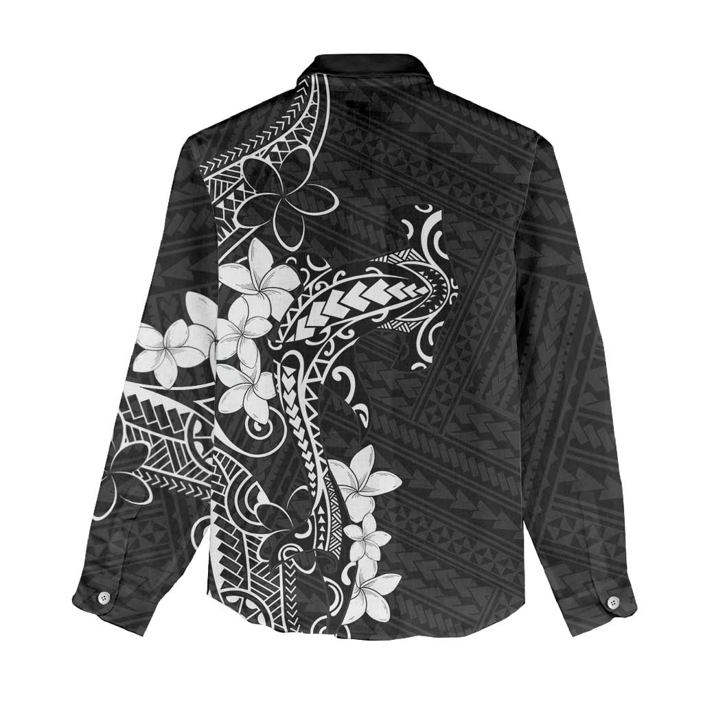 Black Hawaii Women Casual Shirt Hammerhead Shark Tattoo Curve Polynesian - Polynesian Pride