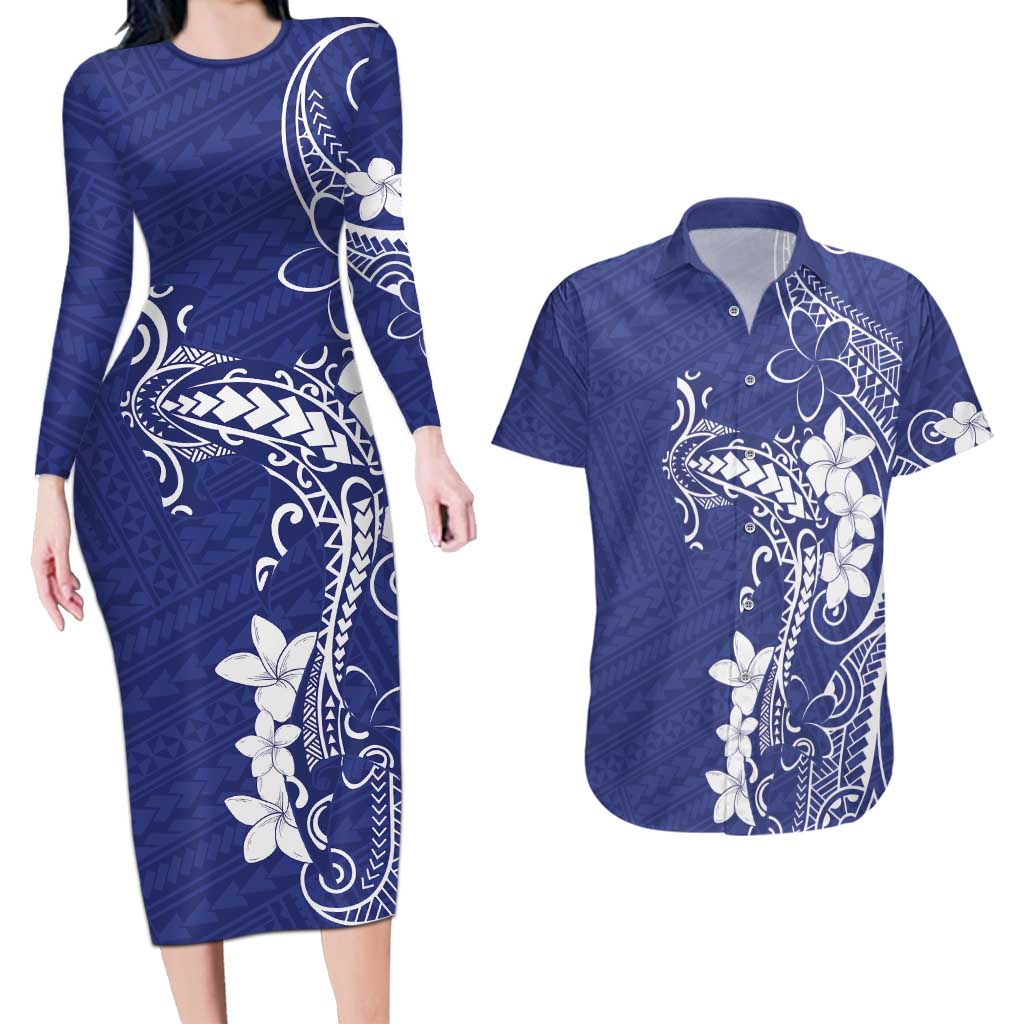 Blue Hawaii Couples Matching Long Sleeve Bodycon Dress and Hawaiian Shirt Hammerhead Shark Tattoo Curve Polynesian LT14 Blue - Polynesian Pride