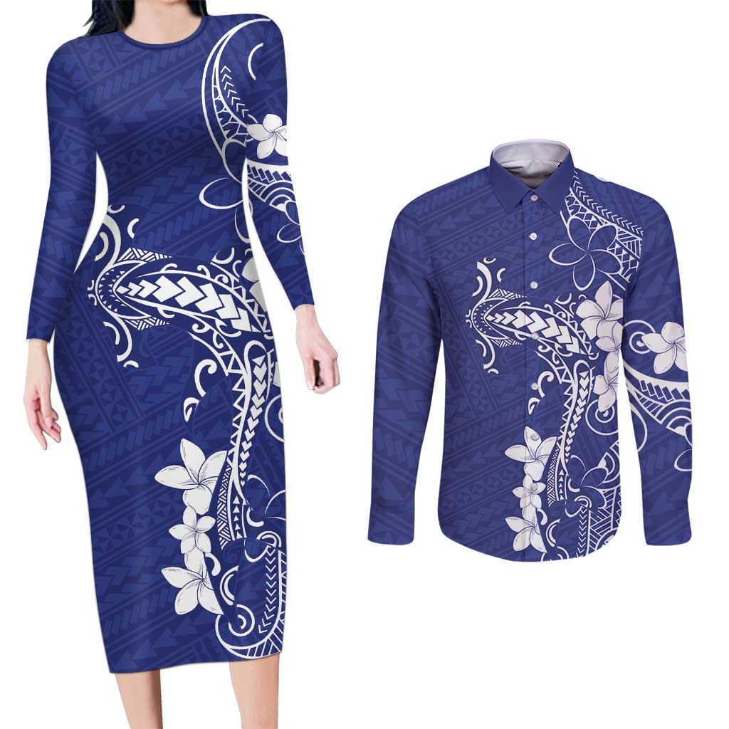 Blue Hawaii Couples Matching Long Sleeve Bodycon Dress and Long Sleeve Button Shirt Hammerhead Shark Tattoo Curve Polynesian LT14 Blue - Polynesian Pride