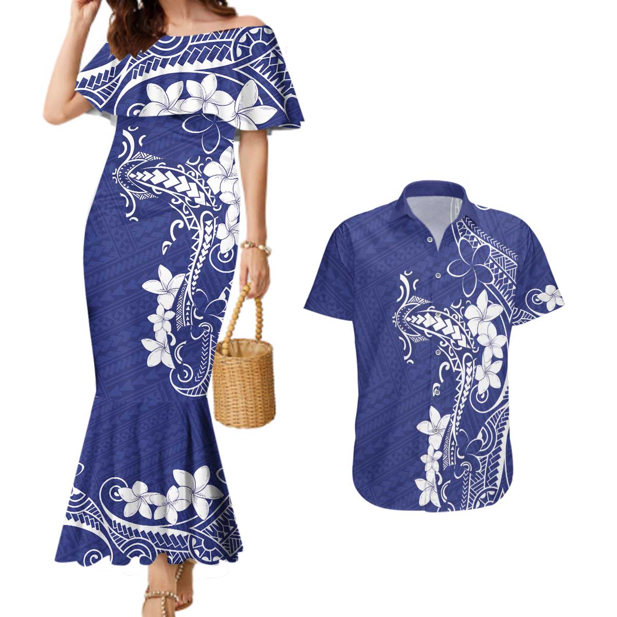 Blue Hawaii Couples Matching Mermaid Dress and Hawaiian Shirt Hammerhead Shark Tattoo Curve Polynesian LT14 Blue - Polynesian Pride