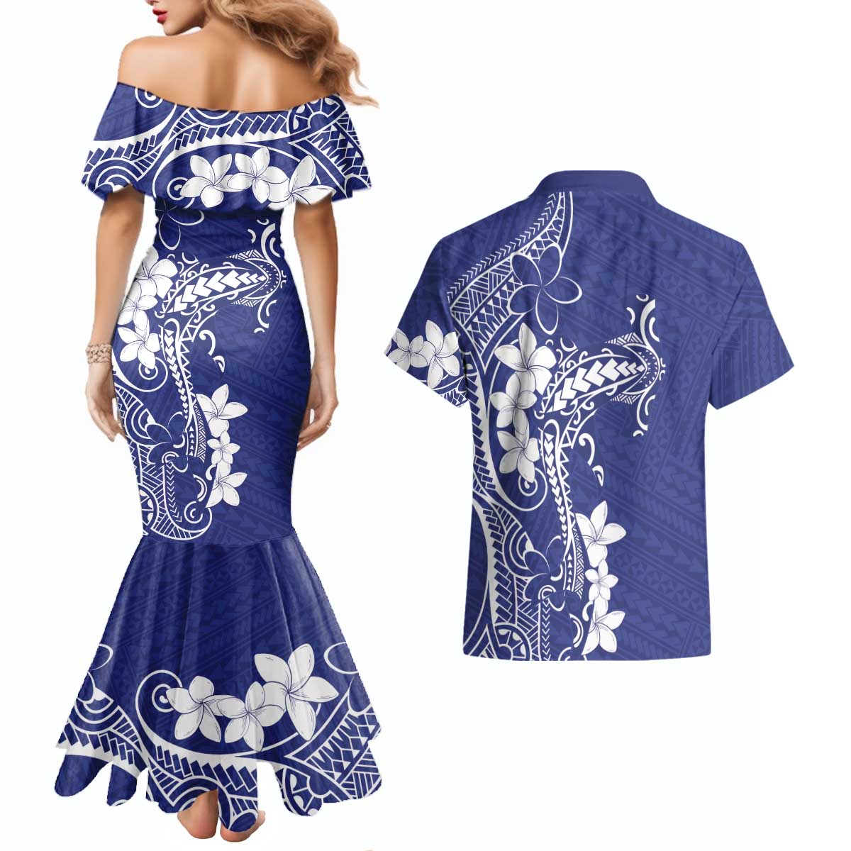 Blue Hawaii Couples Matching Mermaid Dress and Hawaiian Shirt Hammerhead Shark Tattoo Curve Polynesian LT14 - Polynesian Pride