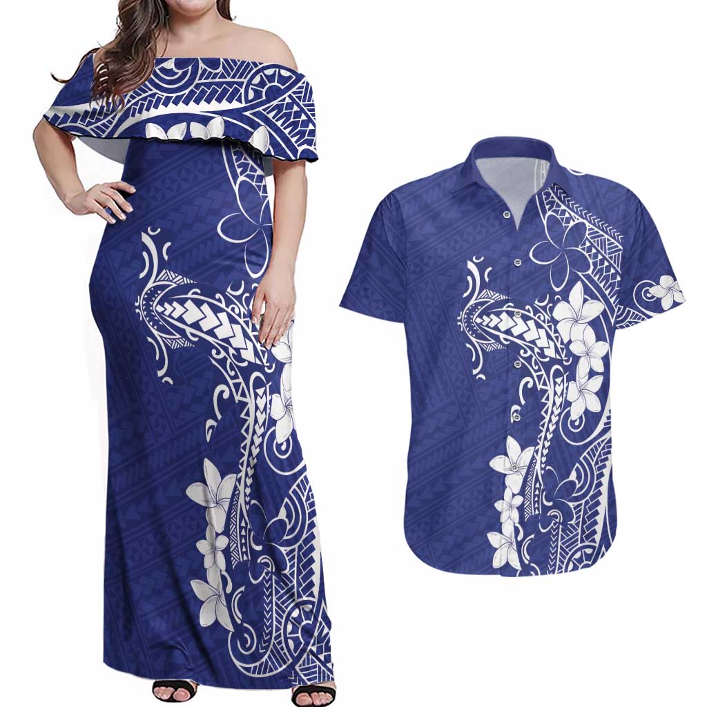 Blue Hawaii Couples Matching Off Shoulder Maxi Dress and Hawaiian Shirt Hammerhead Shark Tattoo Curve Polynesian LT14 Blue - Polynesian Pride