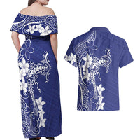 Blue Hawaii Couples Matching Off Shoulder Maxi Dress and Hawaiian Shirt Hammerhead Shark Tattoo Curve Polynesian LT14 - Polynesian Pride