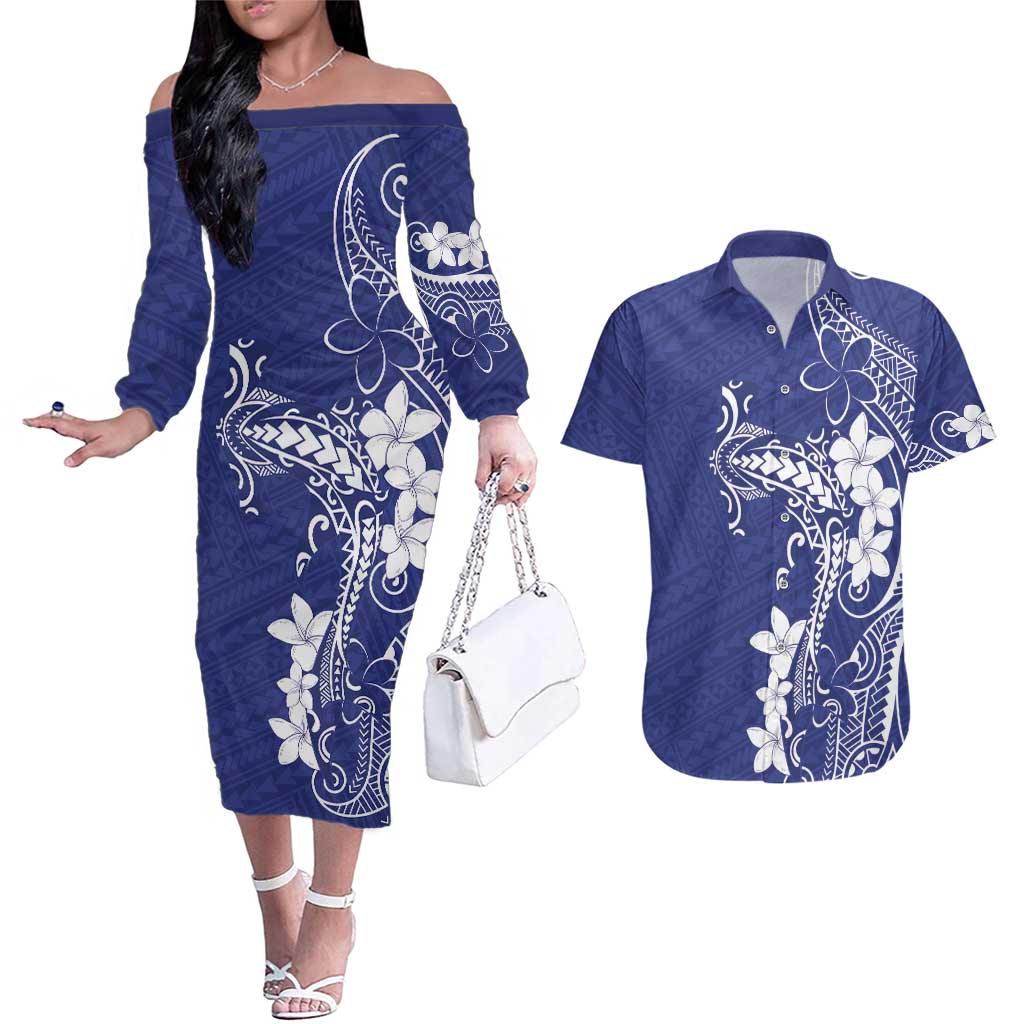Blue Hawaii Couples Matching Off The Shoulder Long Sleeve Dress and Hawaiian Shirt Hammerhead Shark Tattoo Curve Polynesian LT14 Blue - Polynesian Pride
