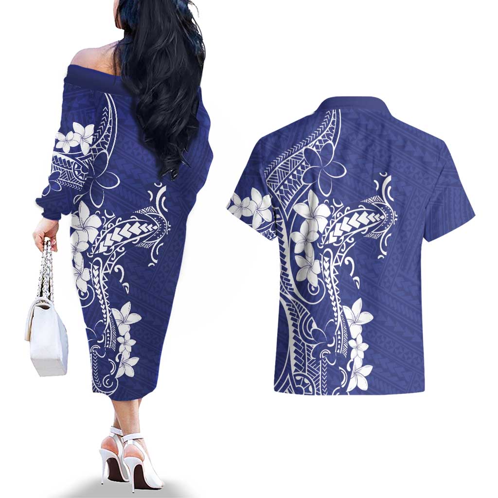 Blue Hawaii Couples Matching Off The Shoulder Long Sleeve Dress and Hawaiian Shirt Hammerhead Shark Tattoo Curve Polynesian LT14 - Polynesian Pride