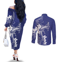 Blue Hawaii Couples Matching Off The Shoulder Long Sleeve Dress and Long Sleeve Button Shirt Hammerhead Shark Tattoo Curve Polynesian LT14 - Polynesian Pride