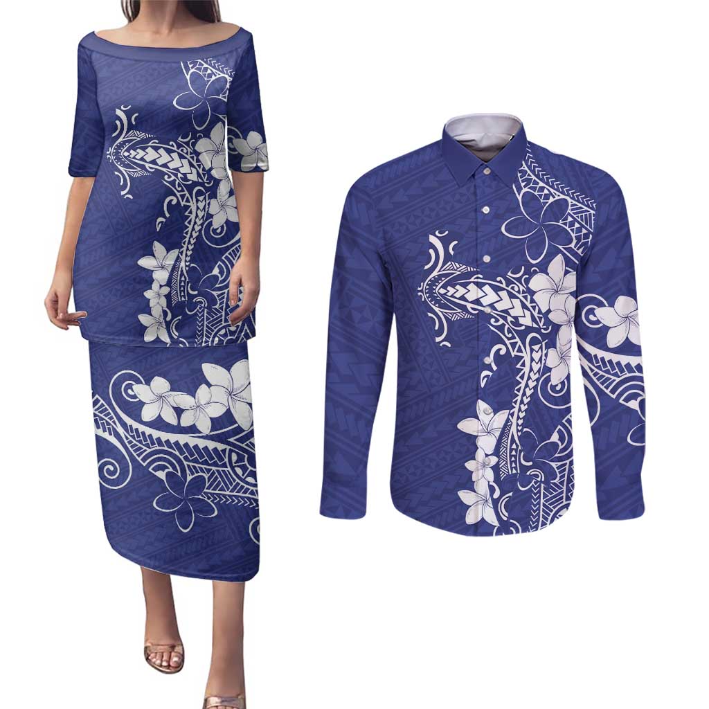 Blue Hawaii Couples Matching Puletasi and Long Sleeve Button Shirt Hammerhead Shark Tattoo Curve Polynesian - Polynesian Pride