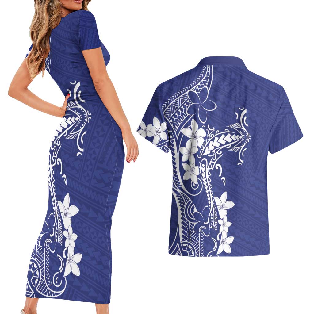 Blue Hawaii Couples Matching Short Sleeve Bodycon Dress and Hawaiian Shirt Hammerhead Shark Tattoo Curve Polynesian LT14 - Polynesian Pride