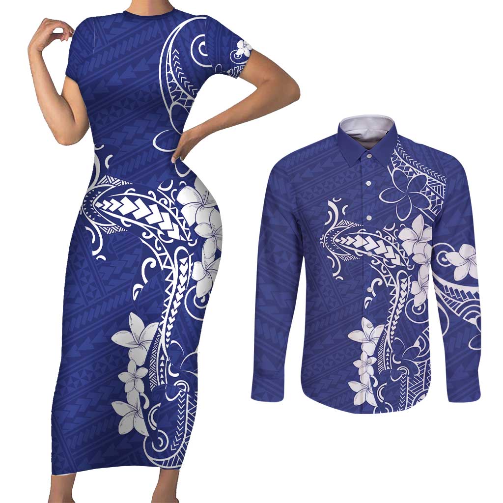 Blue Hawaii Couples Matching Short Sleeve Bodycon Dress and Long Sleeve Button Shirt Hammerhead Shark Tattoo Curve Polynesian LT14 Blue - Polynesian Pride