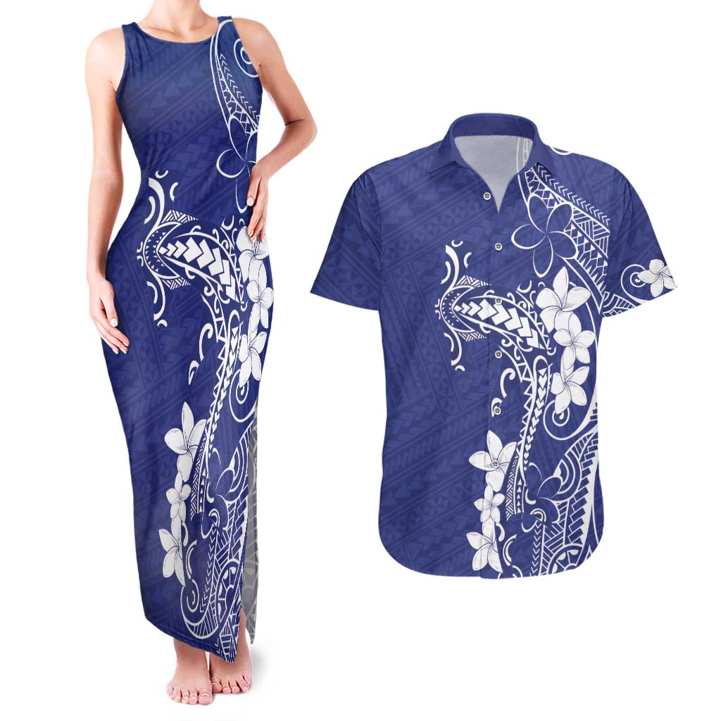 Blue Hawaii Couples Matching Tank Maxi Dress and Hawaiian Shirt Hammerhead Shark Tattoo Curve Polynesian LT14 Blue - Polynesian Pride